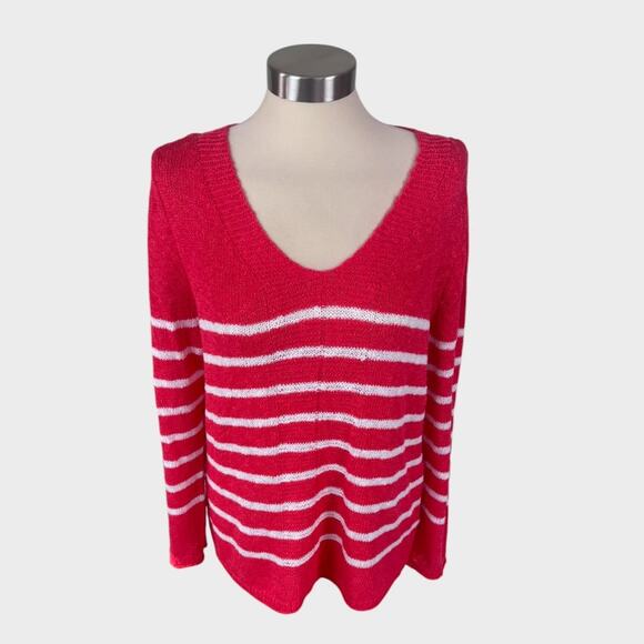 Fashion Avenue Womens Medium V Neck Coral Orange Striped Sweater - Picture 1 of 6